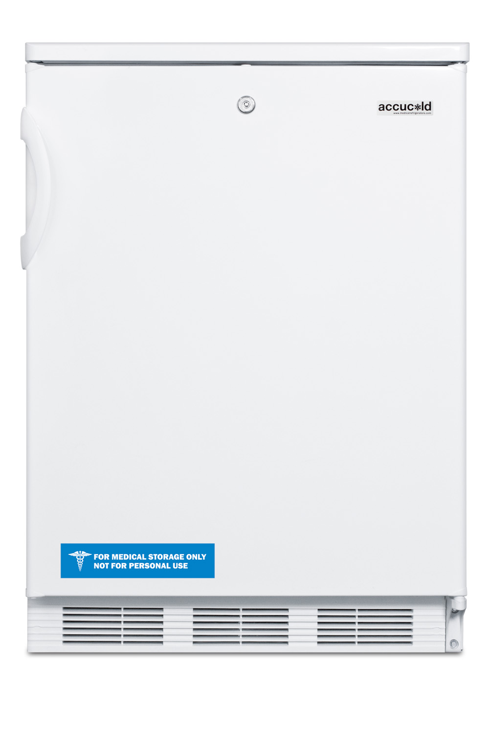Commercially listed built-in undercounter all-refrigerator for general purpose use, with front lock, automatic defrost operation and white exterior